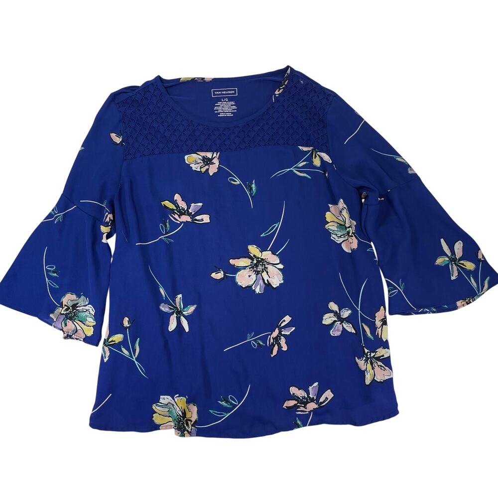 Van Heusen Floral Bell Sleeve Crochet Yoke Blouse Blue Large Women’s